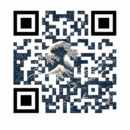 Japanese woodblock style QR code in Prussian blue, Great Wave template