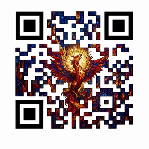 Stained glass QR code with jewel-toned modules, AI-designed template